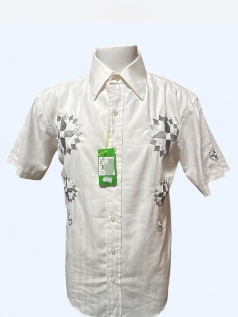 NWT Platini Modern Guayabera Shirt — Silver Aztec Embroider geometric